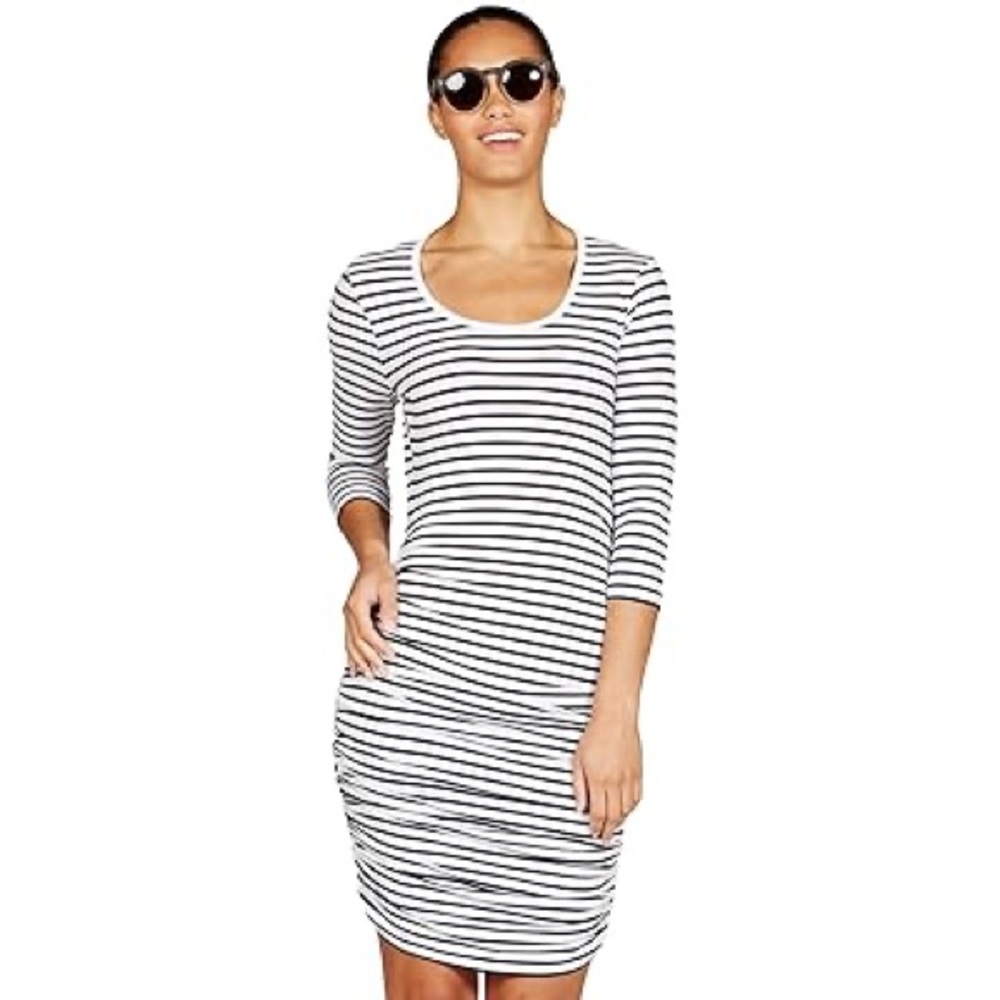 Mott50 Faith Bodycon Navy White Striped Bamboo Sun Protect SPF 50 Ruched Dress S